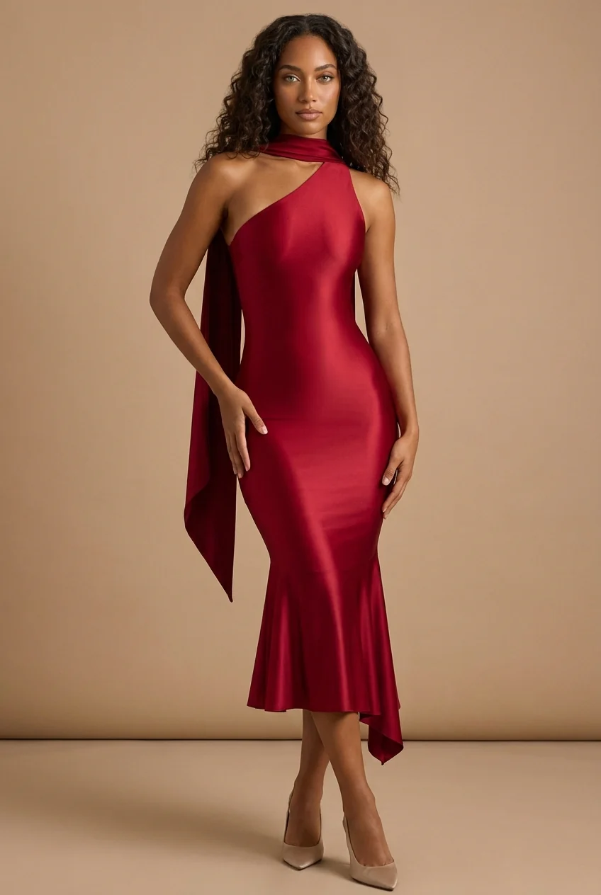Aimee | Vestido midi de un solo hombro