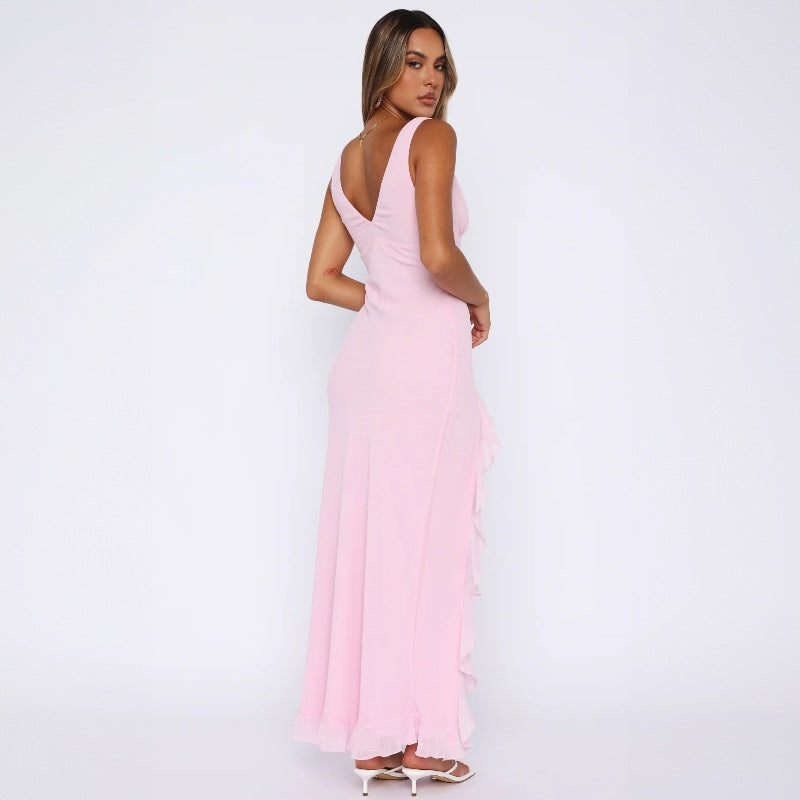 Roxy | Vestido Corsé con Cuello Halter, Perlas y Volantes