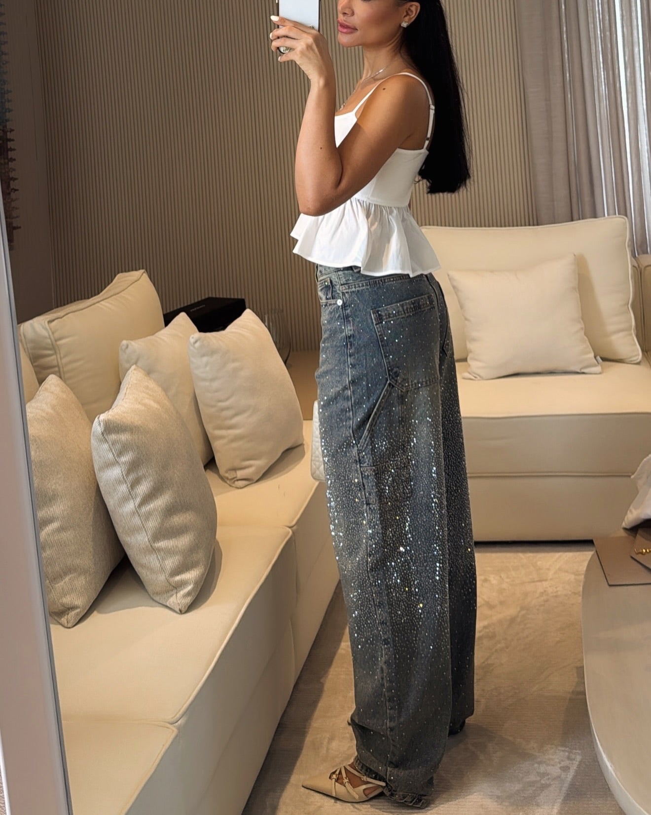 TIRZA | Glamurosos vaqueros de pierna ancha con detalles de strass
