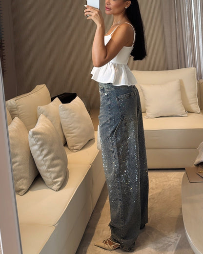 TIRZA | Glamurosos vaqueros de pierna ancha con detalles de strass