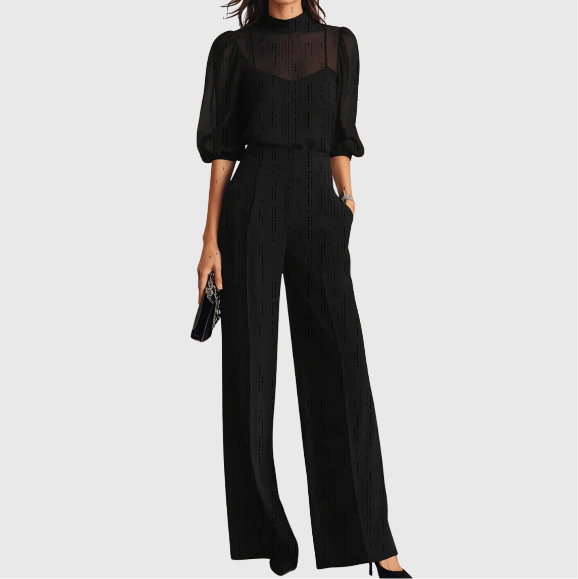 Clara | Conjunto de tres piezas compuesto por un top y unos pantalones de pierna ancha