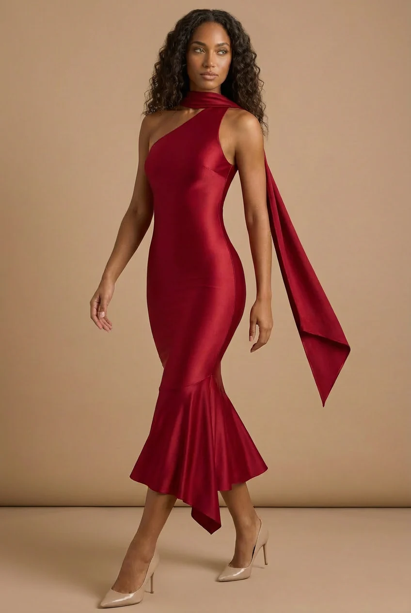 Aimee | Vestido midi de un solo hombro