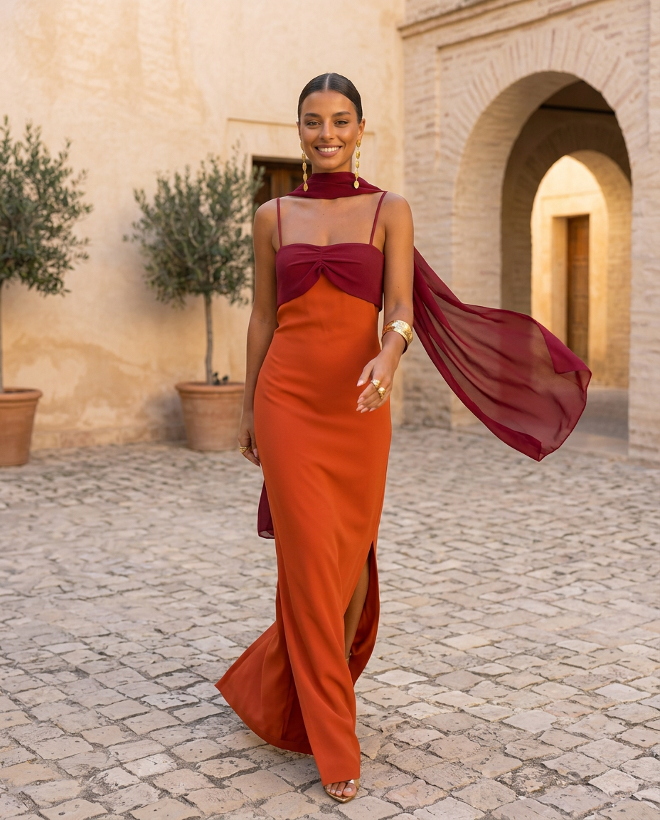 Aline | Vestido naranja con escote rojo